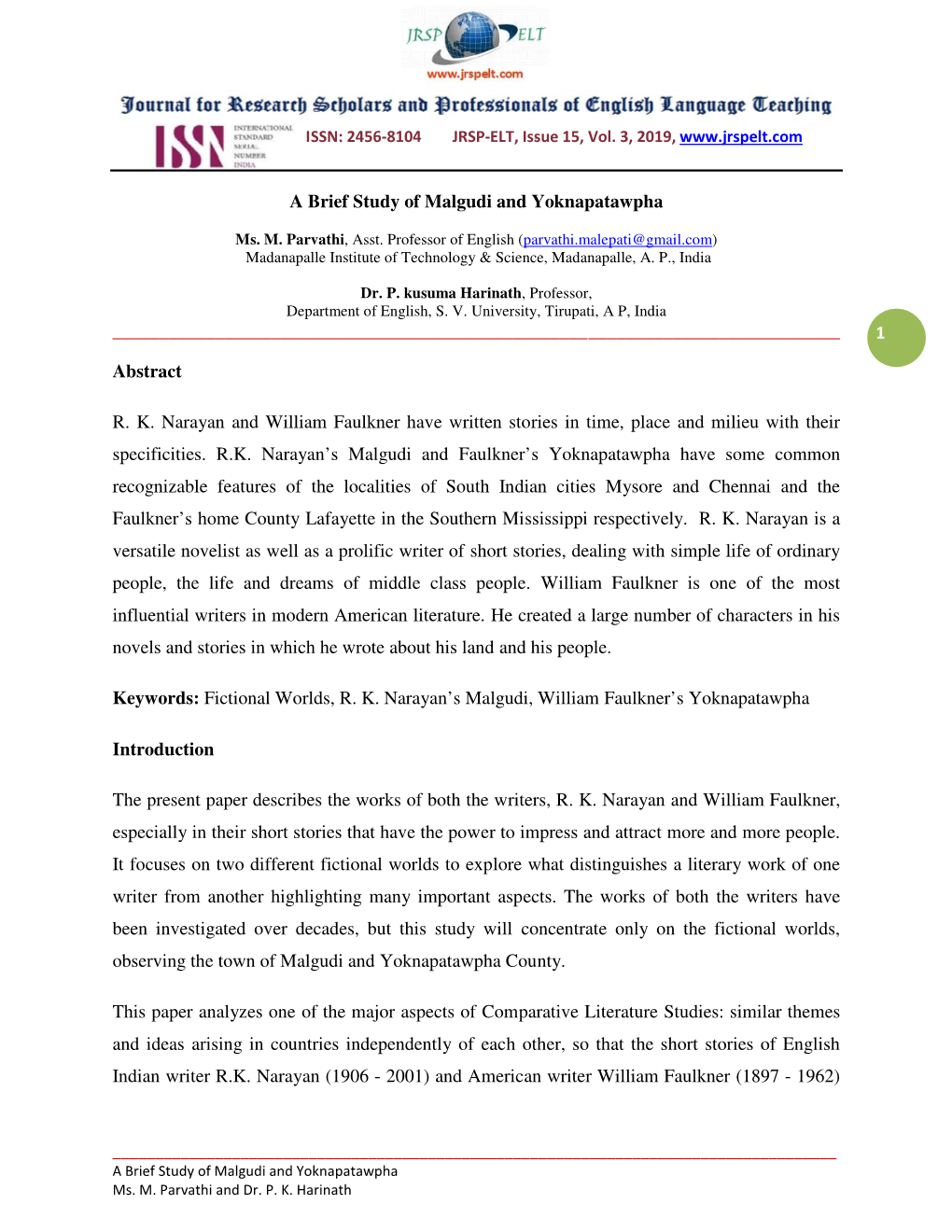 1 a Brief Study of Malgudi and Yoknapatawpha