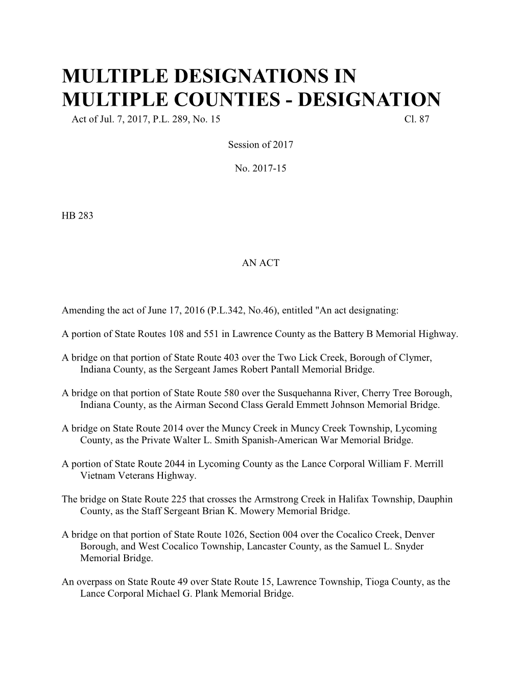 DESIGNATIONS in MULTIPLE COUNTIES - DESIGNATION Act of Jul