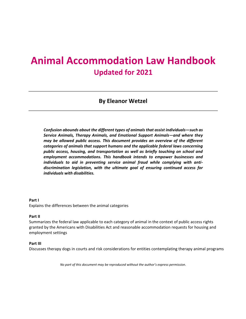 Animal Accommodation Law Handbook Updated for 2021