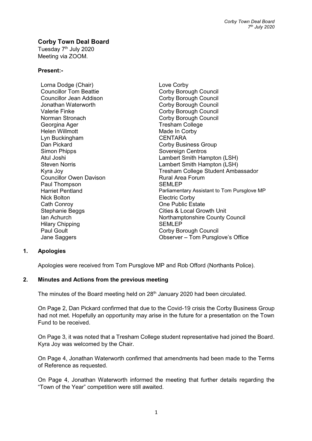 Corby Town Deal Board 7Th July 2020