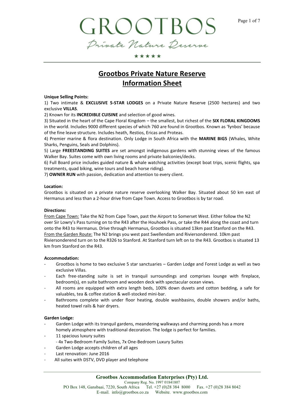 Grootbos Private Nature Reserve Information Sheet