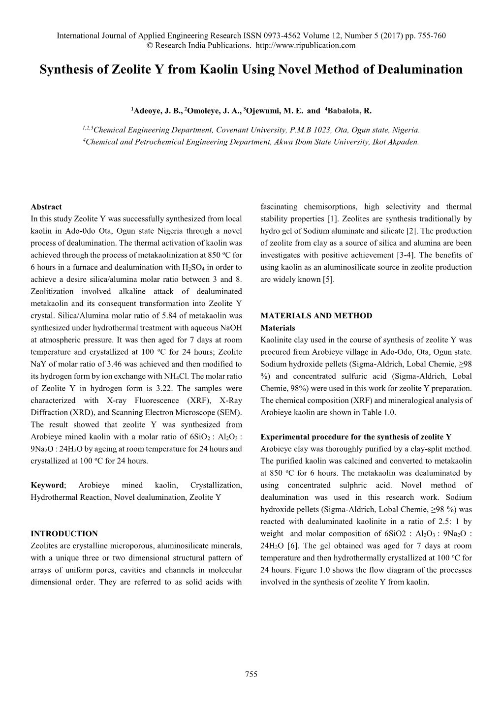 Synthesis of Zeolite Y from Kaolin Using Novel Method of Dealumination