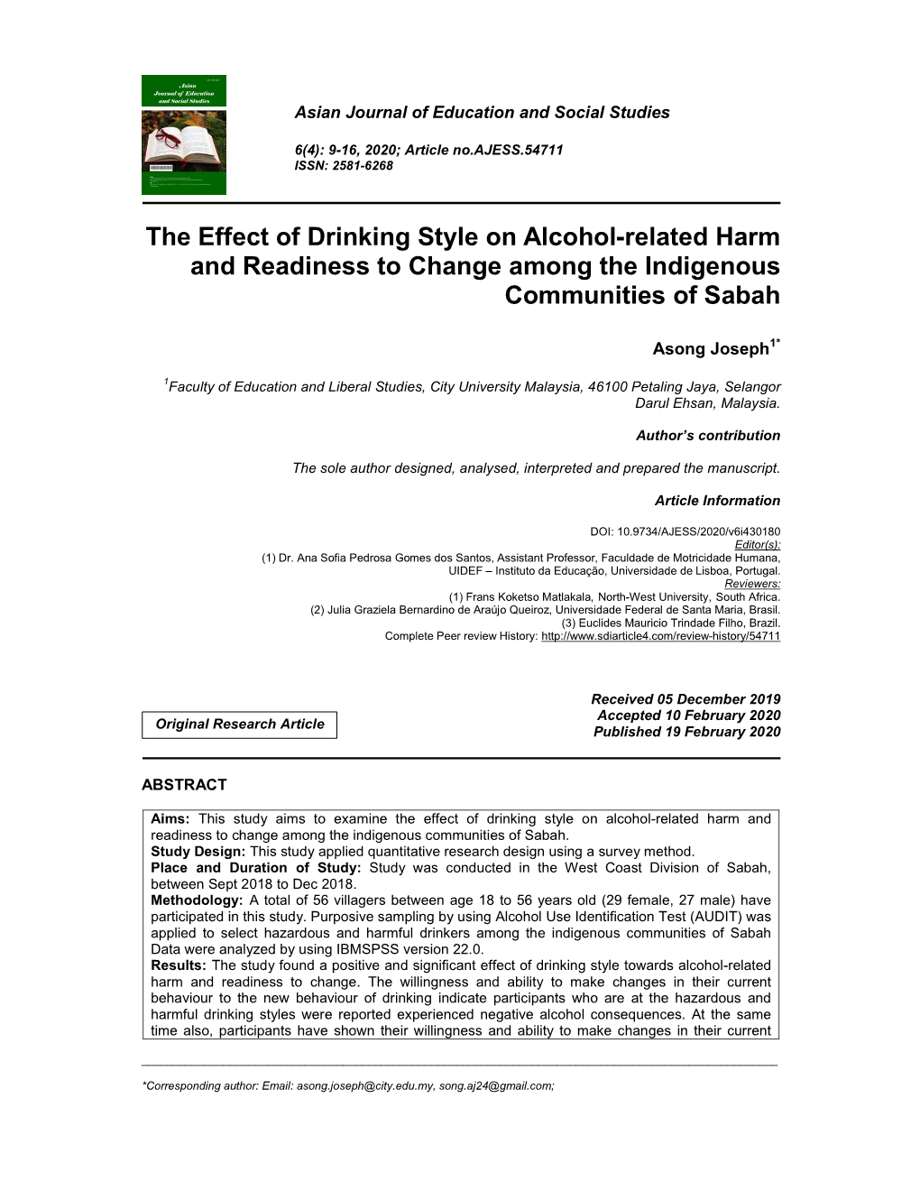 The Effect of Drinking Style on Alcohol-Related Harm and Readiness to Change Among the Indigenous Communities of Sabah