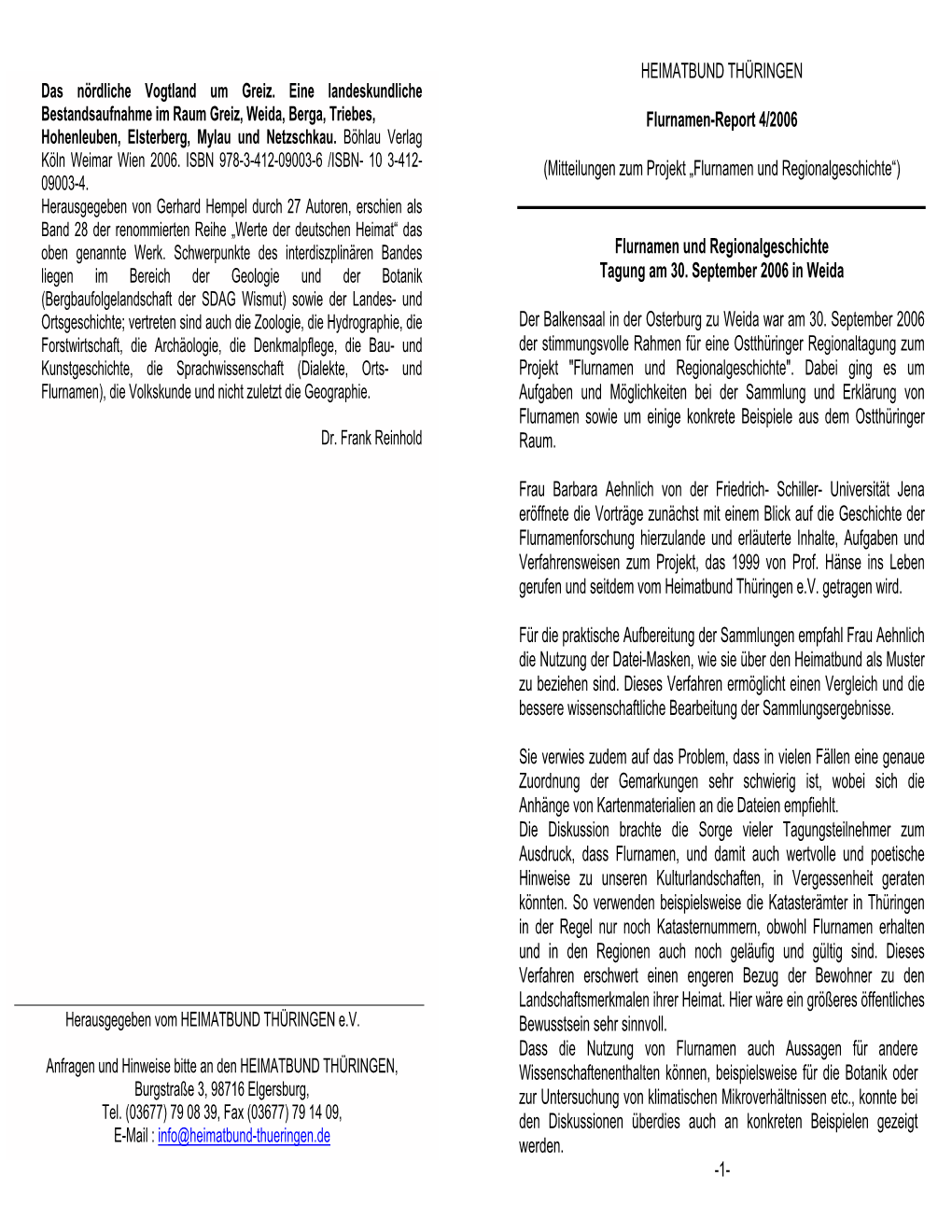 HEIMATBUND THÜRINGEN Flurnamen-Report 4/2006