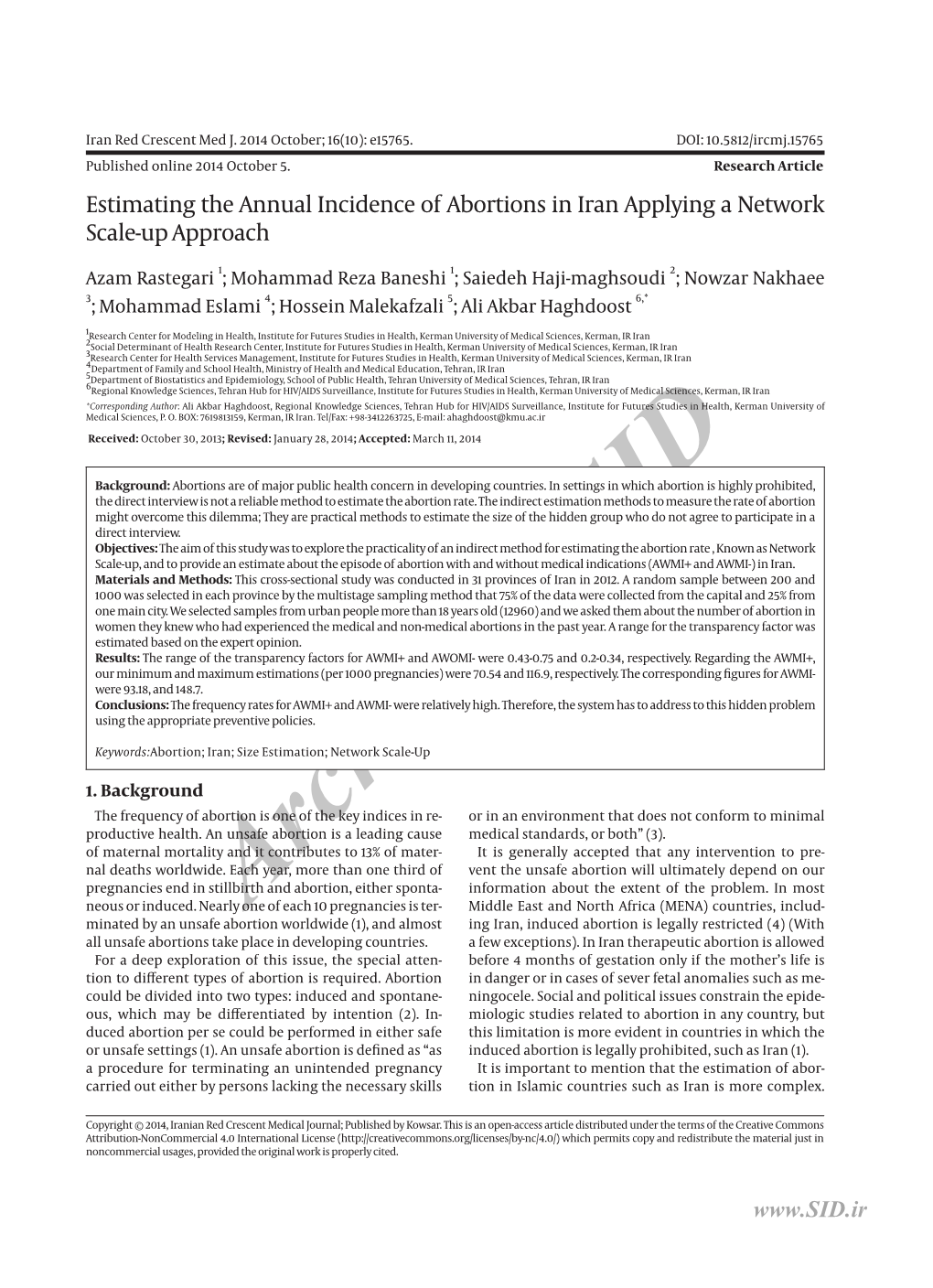 Estimating the Annual Incidence of Abortions in Iran Applying a Network Scale-Up Approach