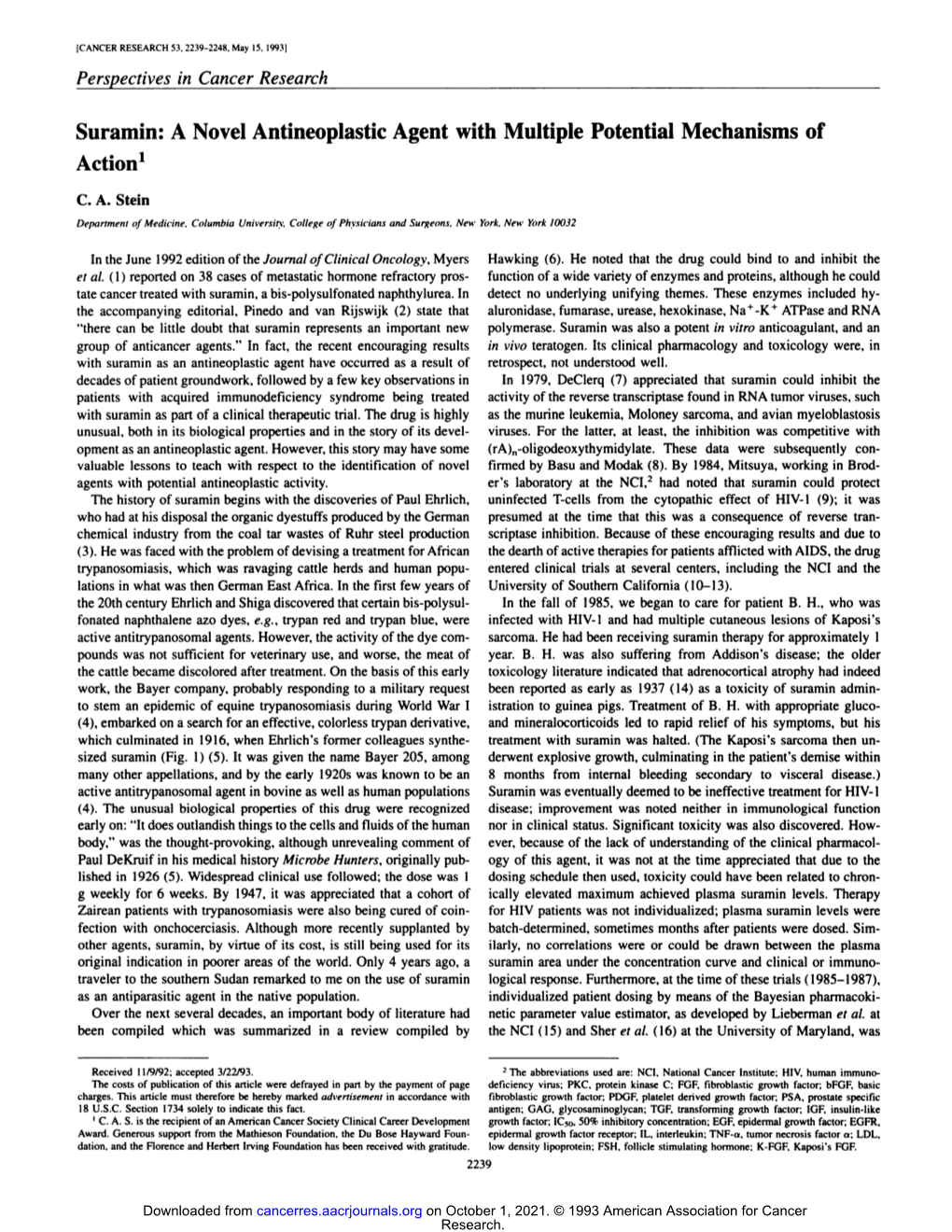 Suramin: a Novel Antineoplastic Agent with Multiple Potential Mechanisms of Action1