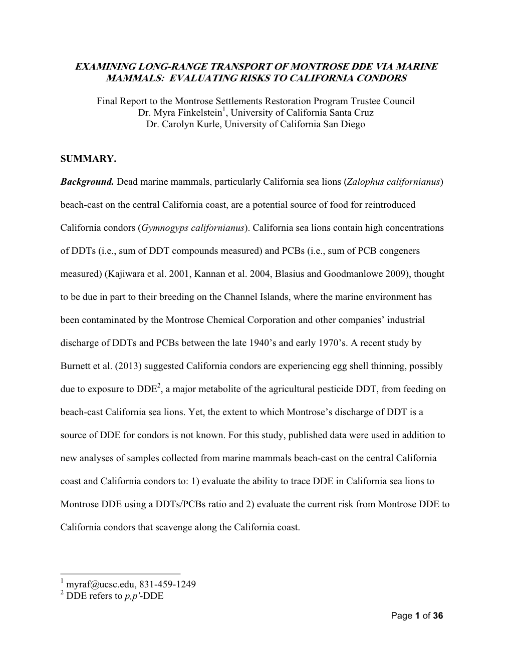 Examining Long-Range Transport of Montrose Dde Via Marine Mammals: Evaluating Risks to California Condors