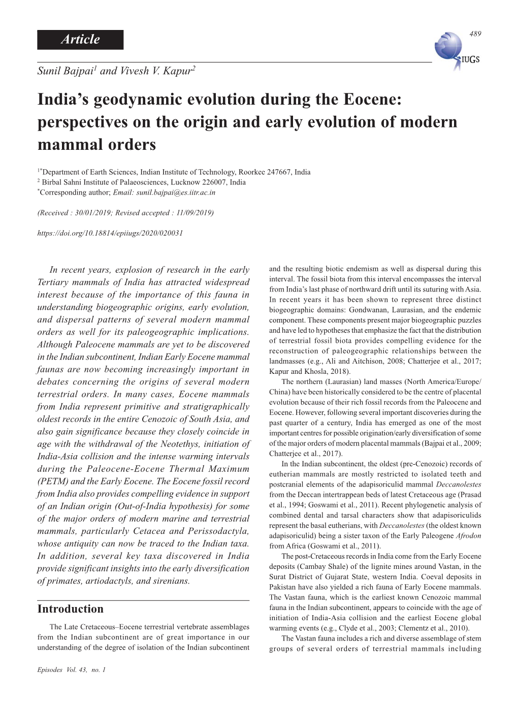 India's Geodynamic Evolution During the Eocene