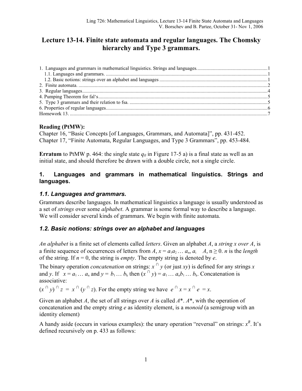 Lecture 13-14. Finite State Automata and Regular Languages. the Chomsky Hierarchy and Type 3 Grammars