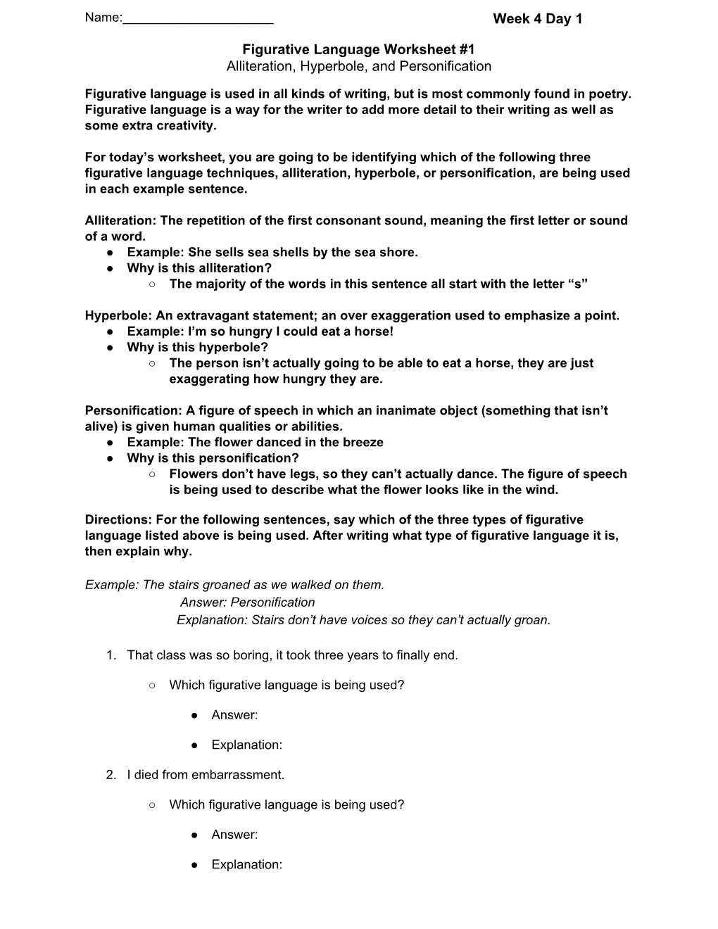 Figurative Language Worksheet #1 Alliteration, Hyperbole, and Personification