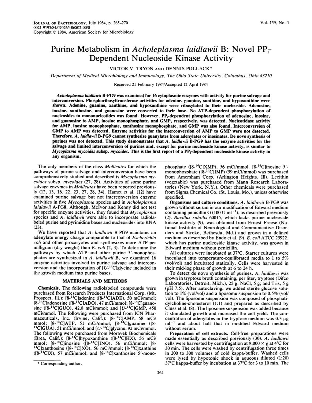 Purine Metabolism in Acholeplasma Laidlawii B: Novel Ppi- Dependent Nucleoside Kinase Activity VICTOR V