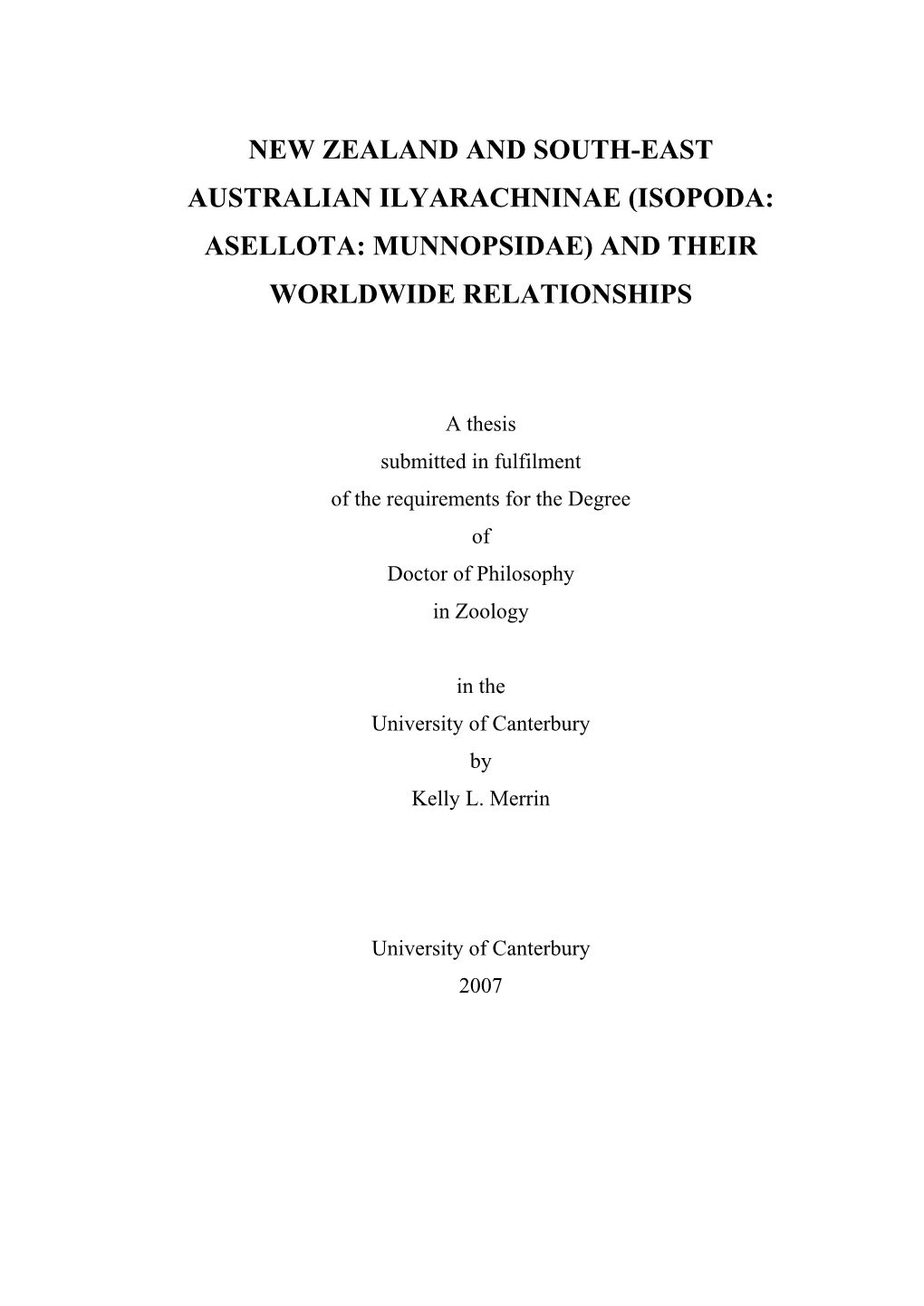 New Zealand and Australian Ilyarachninae (Isopoda : Asellota : Munnopsidae) and Their Worldwide Relationships