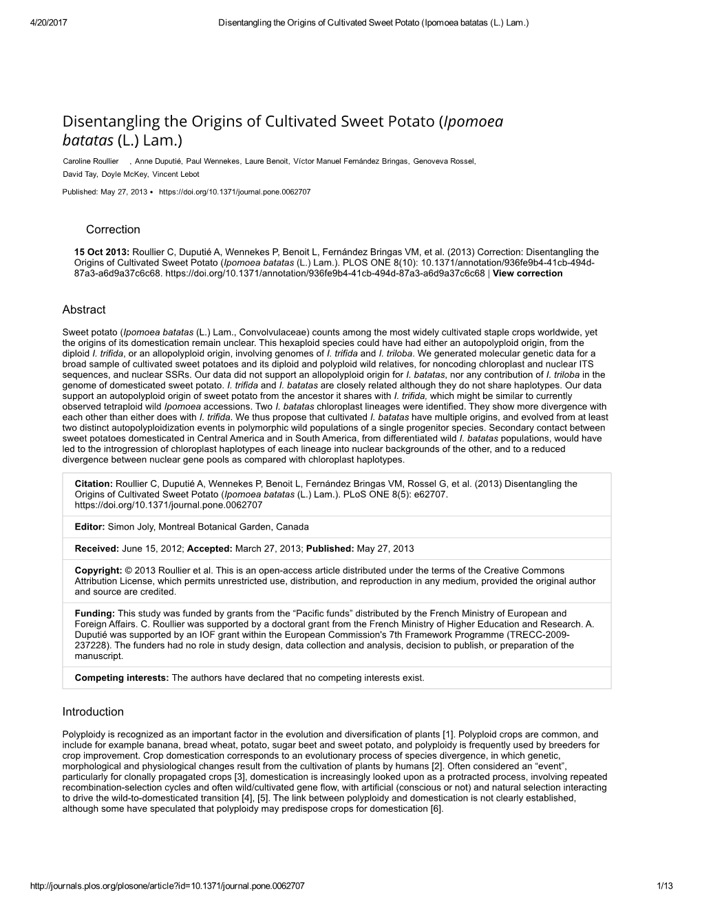 Disentangling the Origins of Cultivated Sweet Potato (Ipomoea Batatas (L.) Lam.)