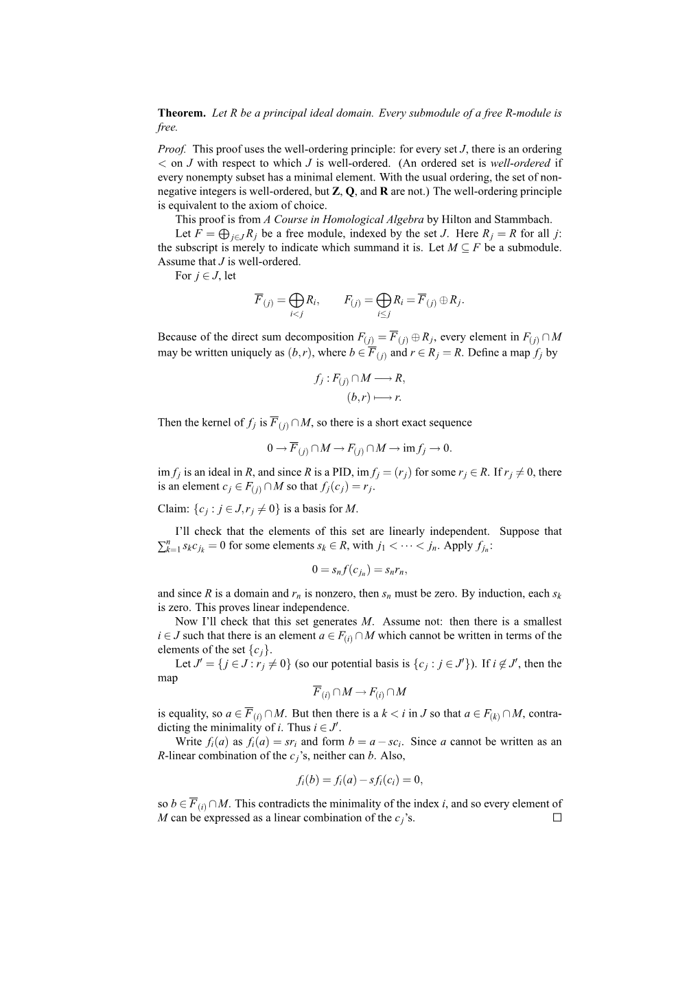 Theorem. Let R Be a Principal Ideal Domain. Every Submodule of a Free R-Module Is Free