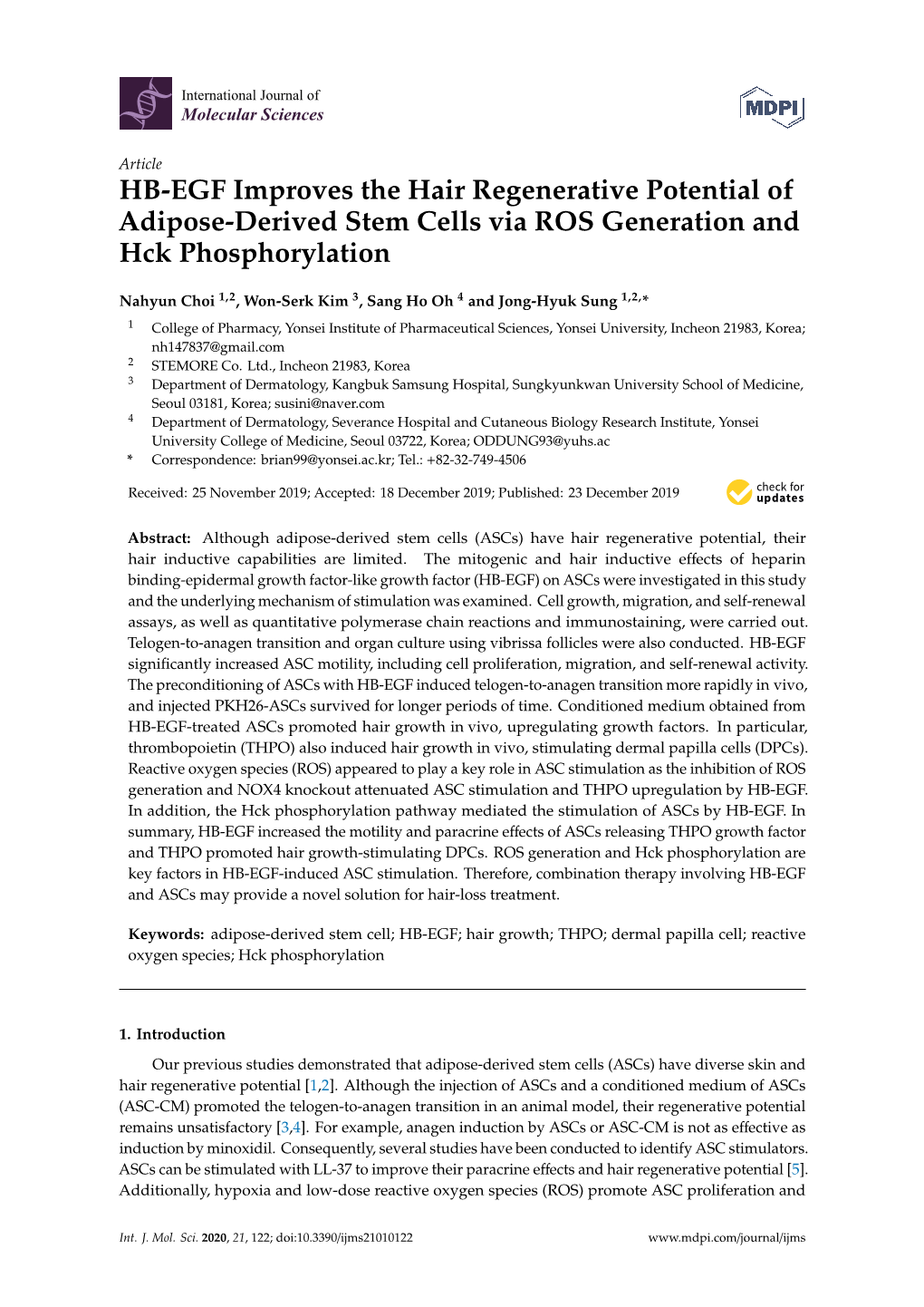 HB-EGF Improves the Hair Regenerative Potential of Adipose-Derived Stem Cells Via ROS Generation and Hck Phosphorylation