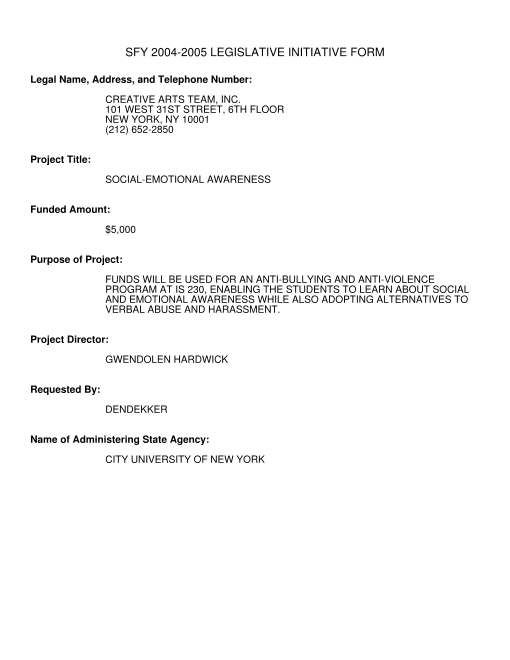 Sfy 2004-2005 Legislative Initiative Form