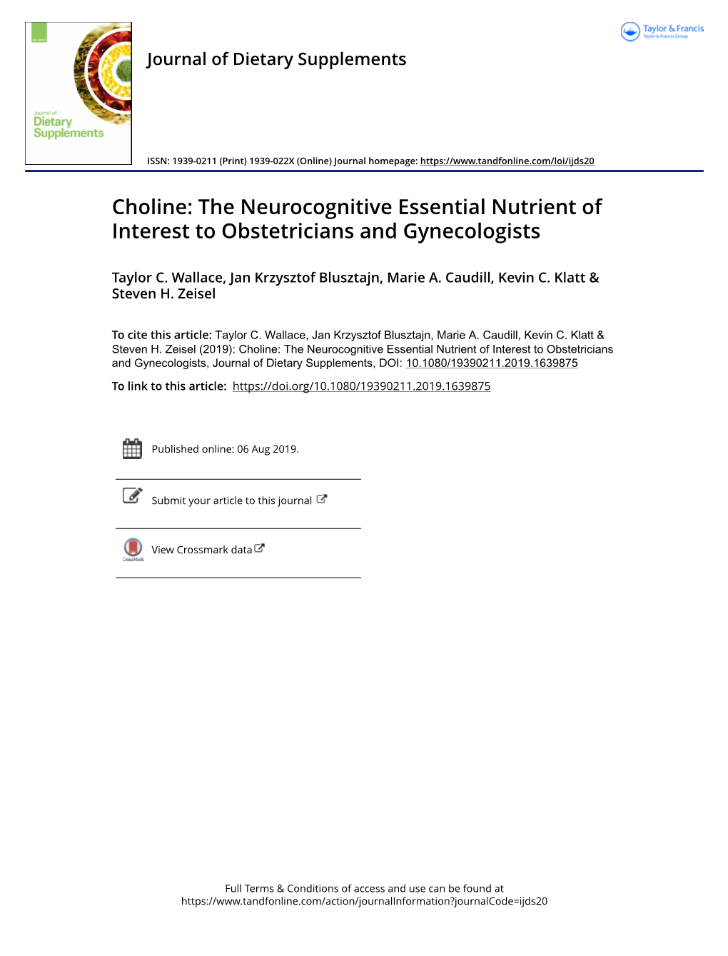 Choline: the Neurocognitive Essential Nutrient of Interest to Obstetricians and Gynecologists