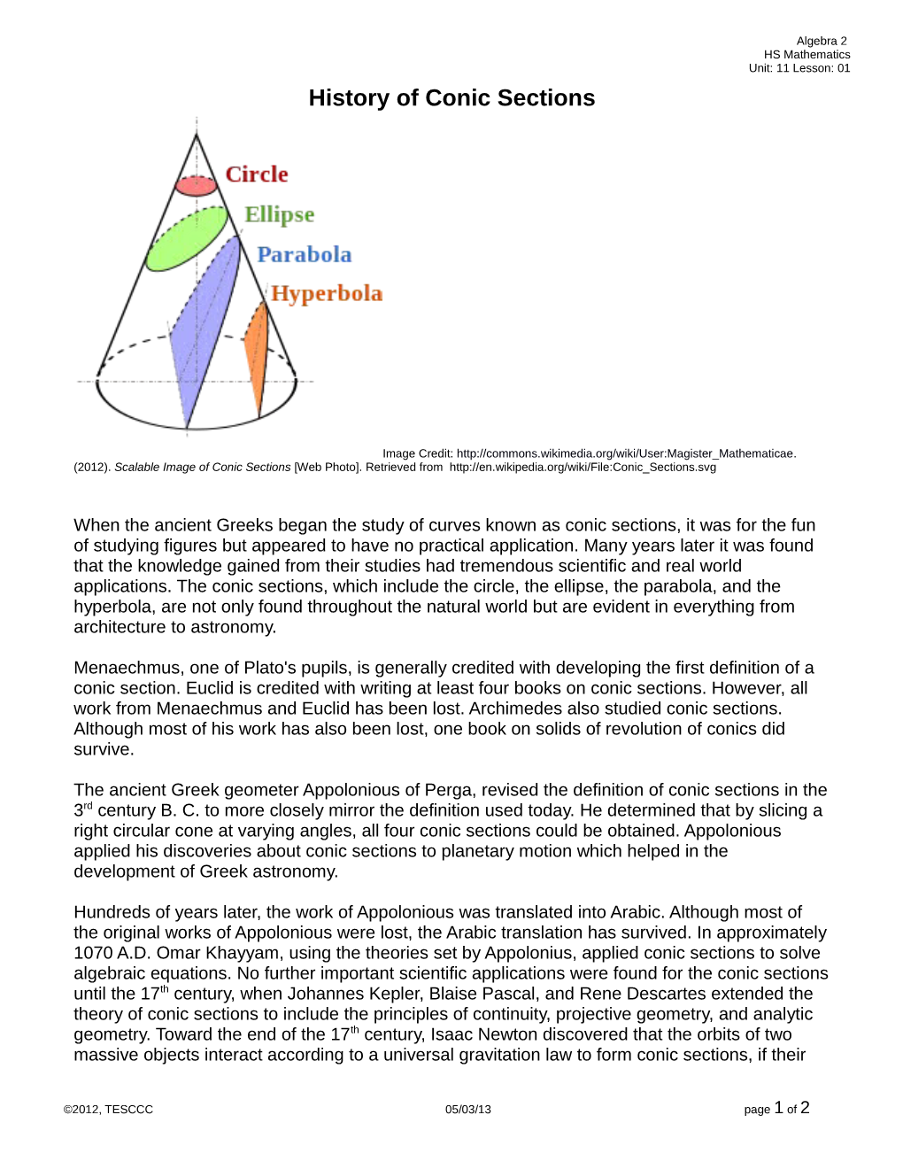 History of Conic Sections