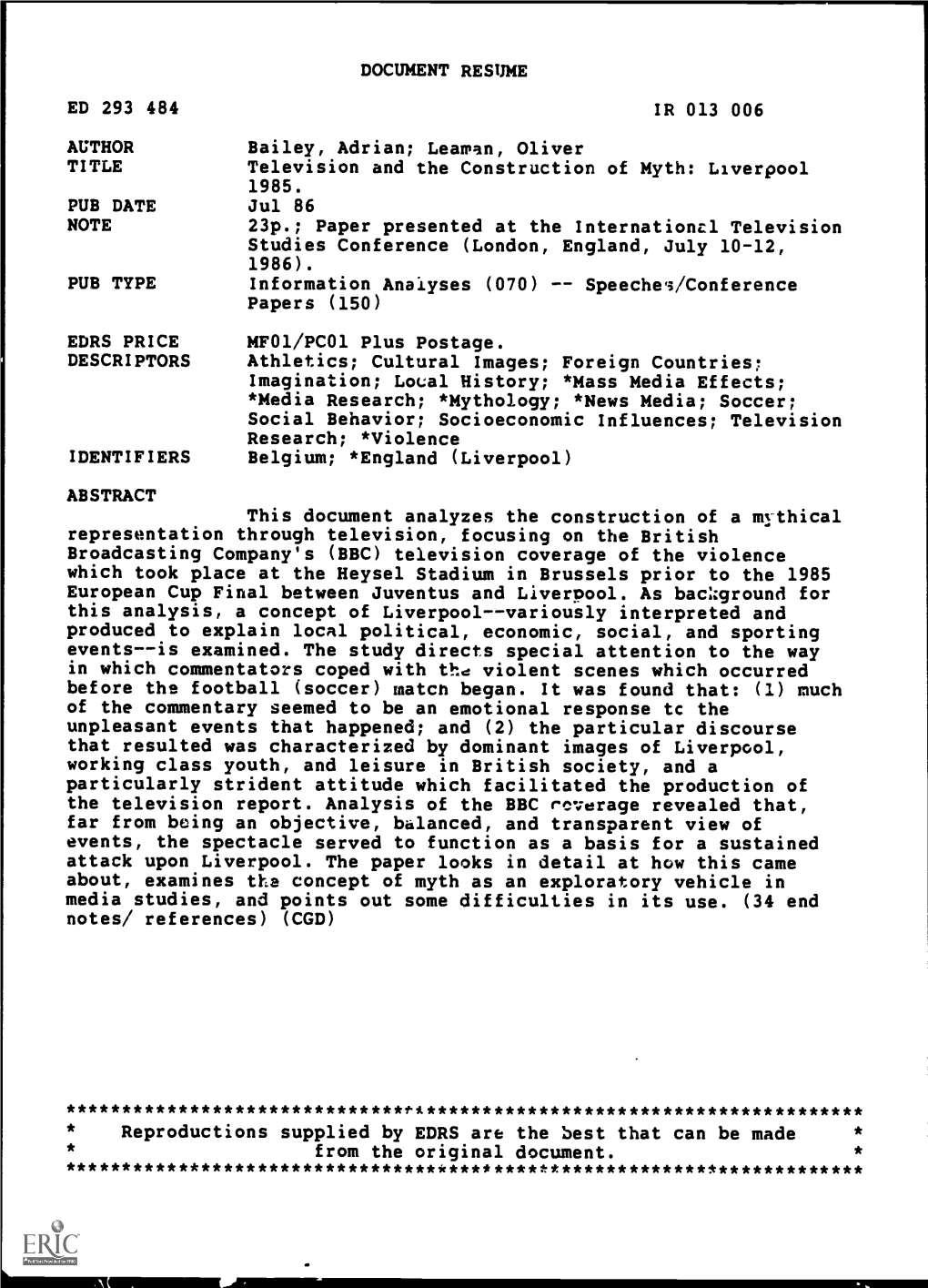 Television and the Construction of Myth: Liverpool 1985