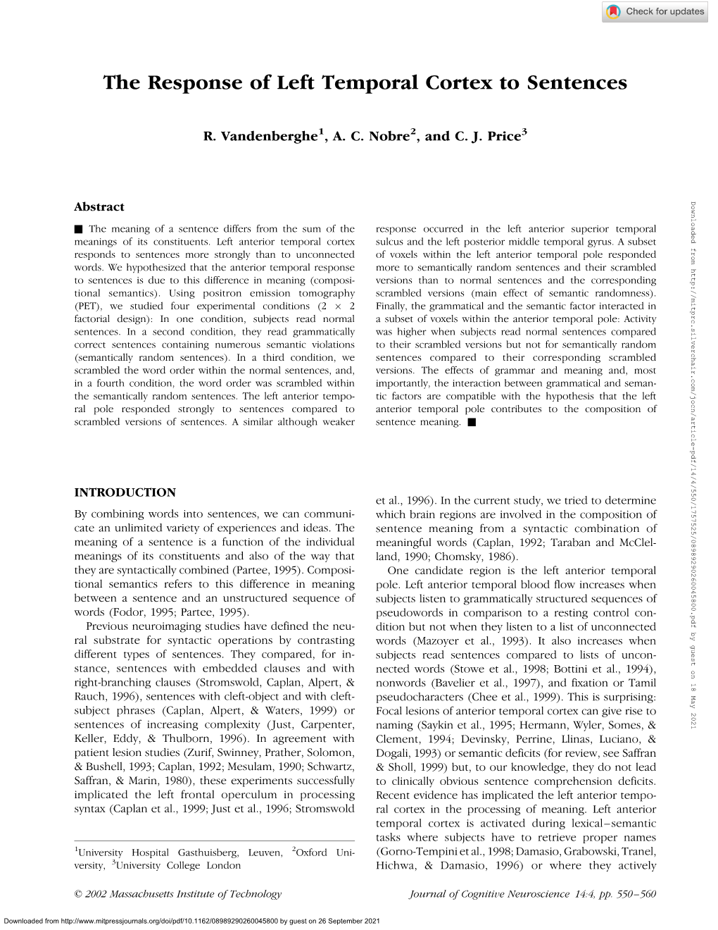 The Response of Left Temporal Cortex to Sentences