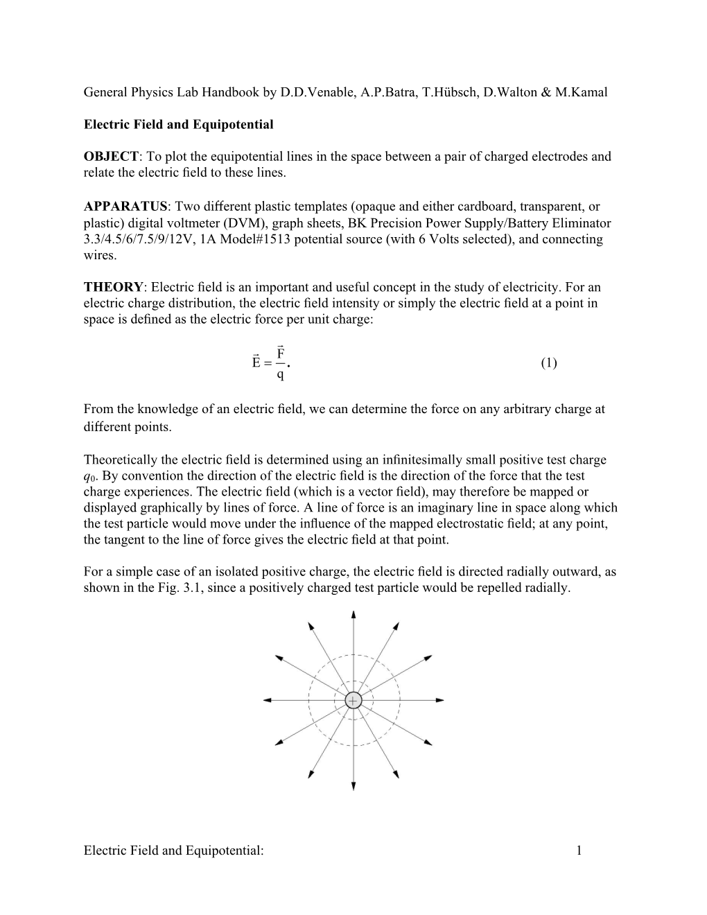 Electric Field and Equipotential: 1 General Physics Lab Handbook By