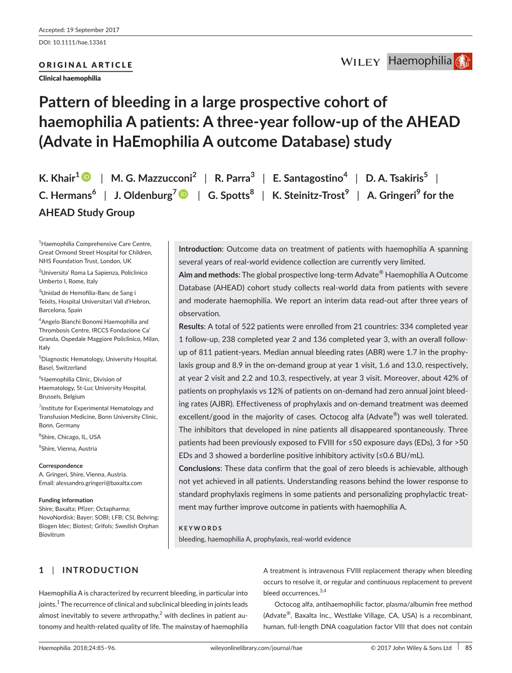 Year Follow- up of the AHEAD (Advate in Haemophilia a Outcome Database)