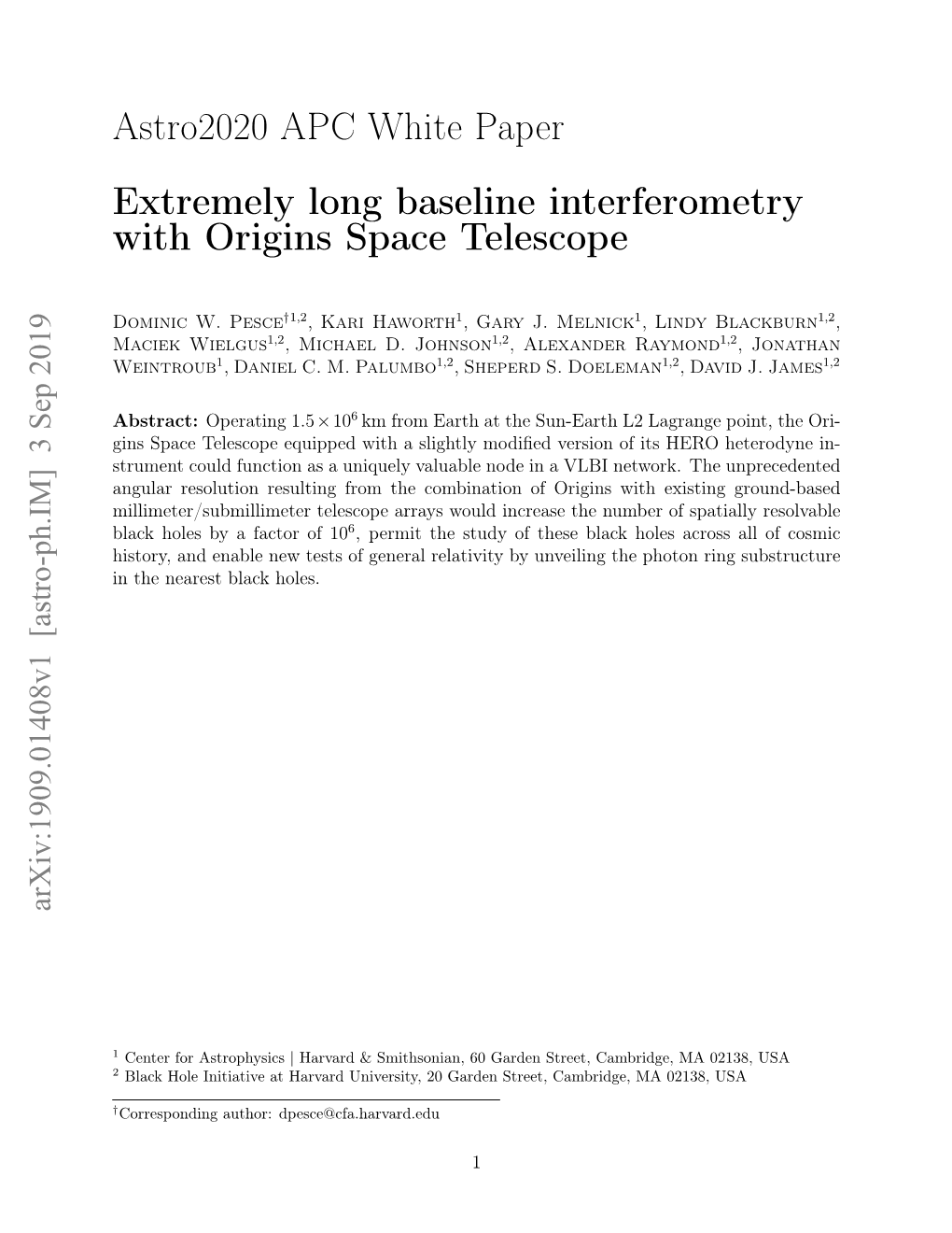 Astro2020 APC White Paper Extremely Long Baseline Interferometry with Origins Space Telescope