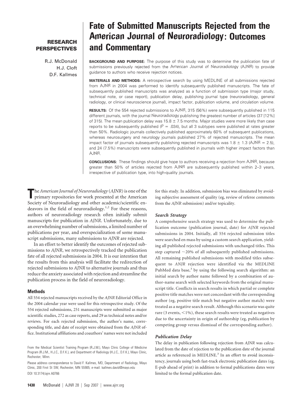 Fate of Submitted Manuscripts Rejected from the American Journal of Neuroradiology: Outcomes RESEARCH PERSPECTIVES and Commentary