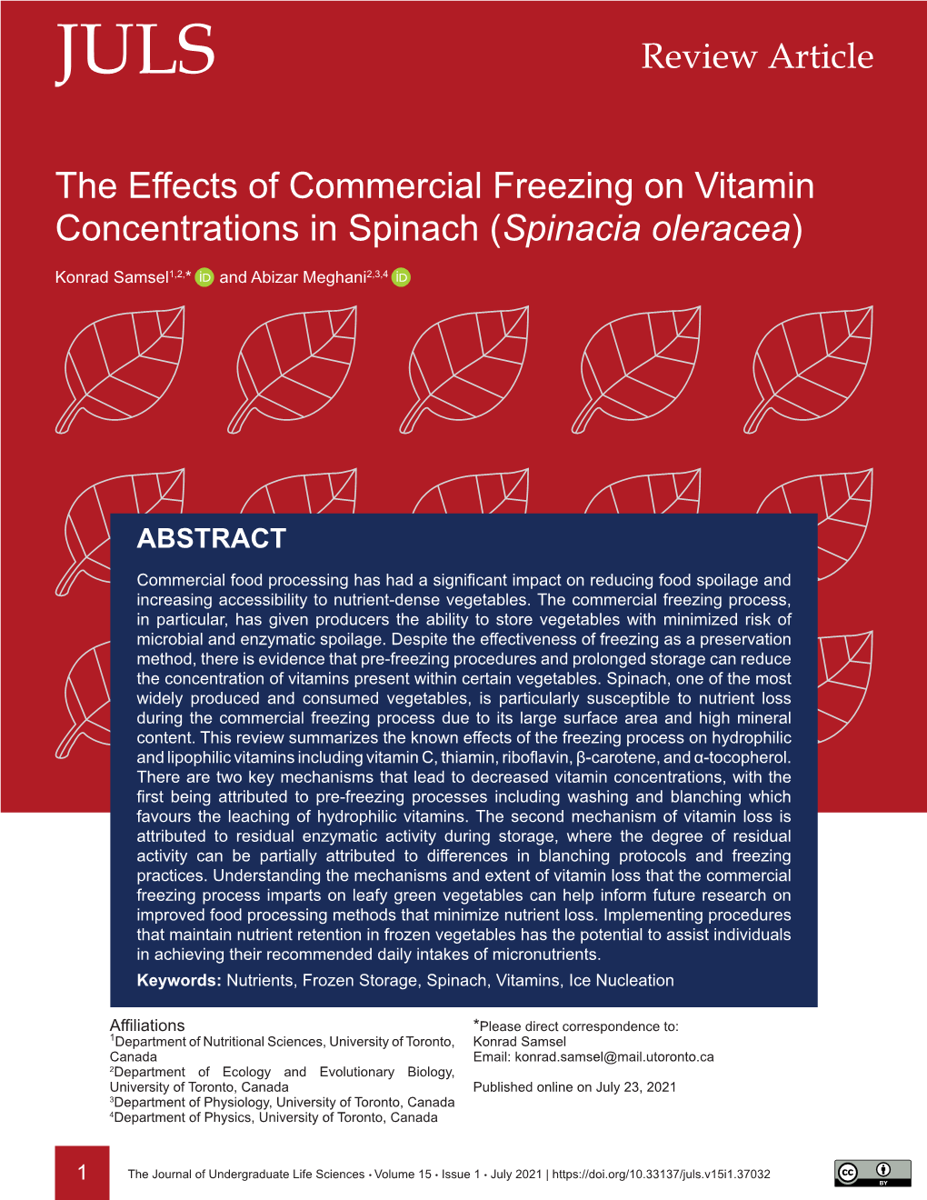 The Effects of Commercial Freezing on Vitamin Concentrations in Spinach (Spinacia Oleracea)