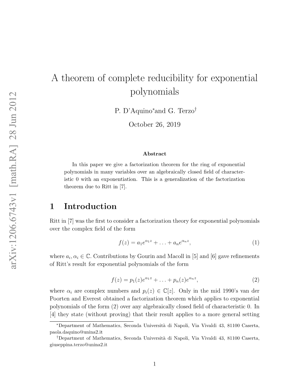 A Theorem of Complete Reducibility for Exponential Polynomials