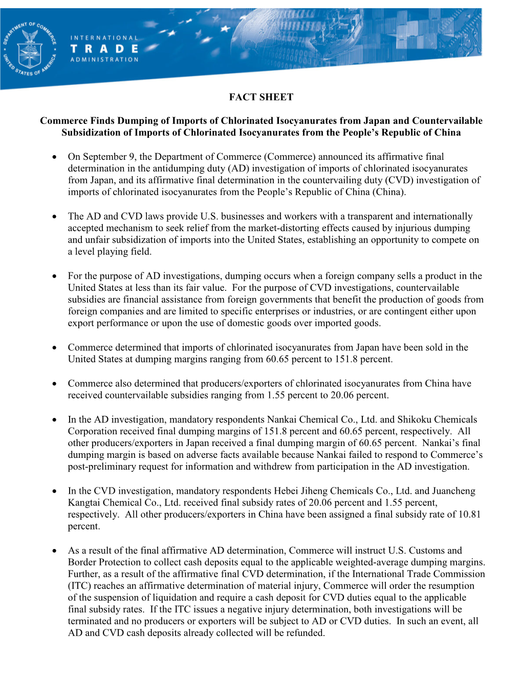 Commerce Finds Dumping of Imports of Chlorinated Isocyanurates from Japan and Countervailable Subsidization of Imports of Chlori