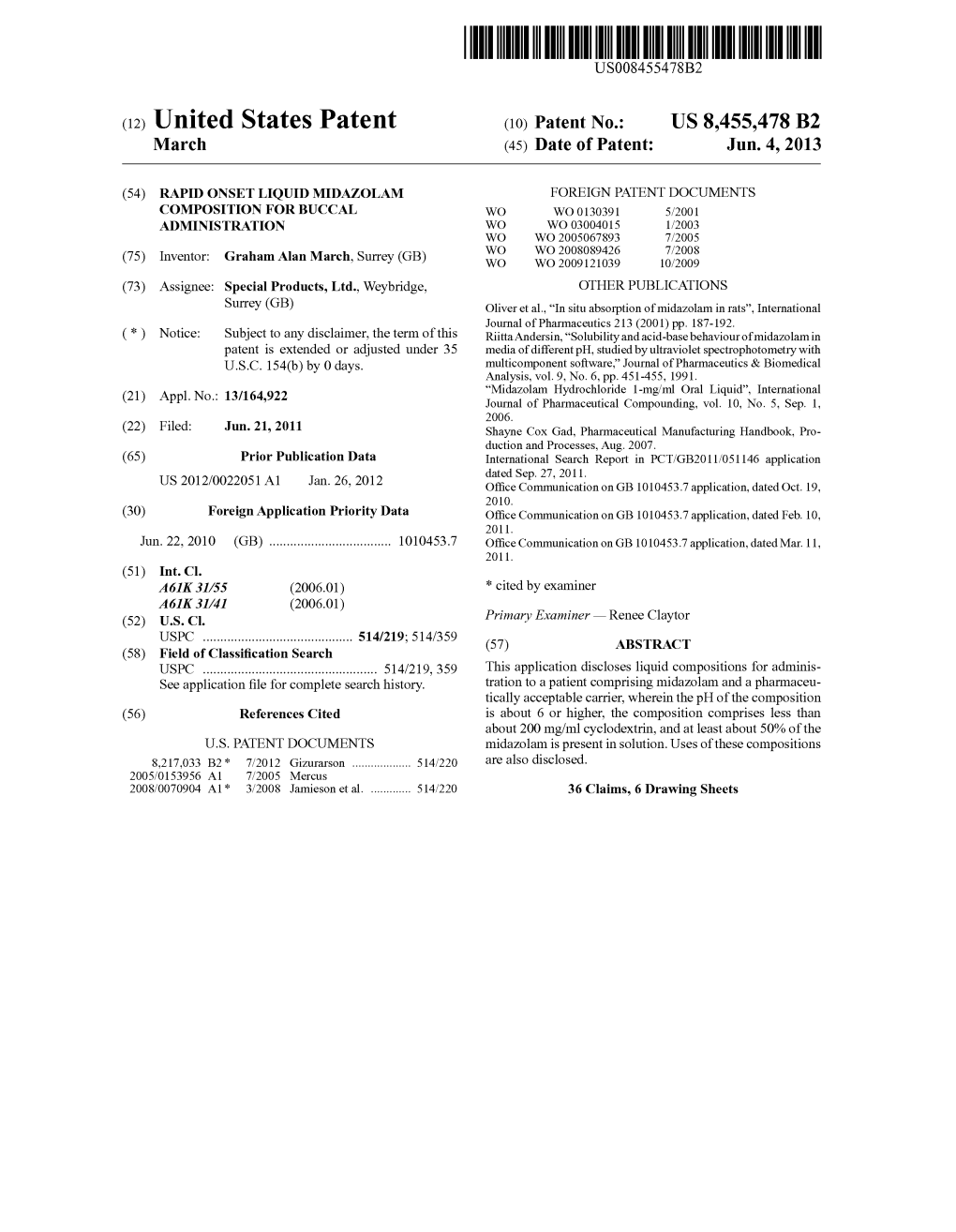 (12) United States Patent (10) Patent No.: US 8,455,478 B2 March (45) Date of Patent: Jun