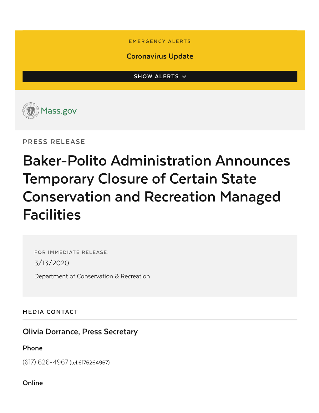 Baker-Polito Administration Announces Temporary Closure of Certain State Conservation and Recreation Managed Facilities