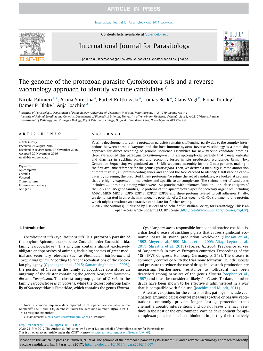 The Genome of the Protozoan Parasite Cystoisospora Suis and a Reverse