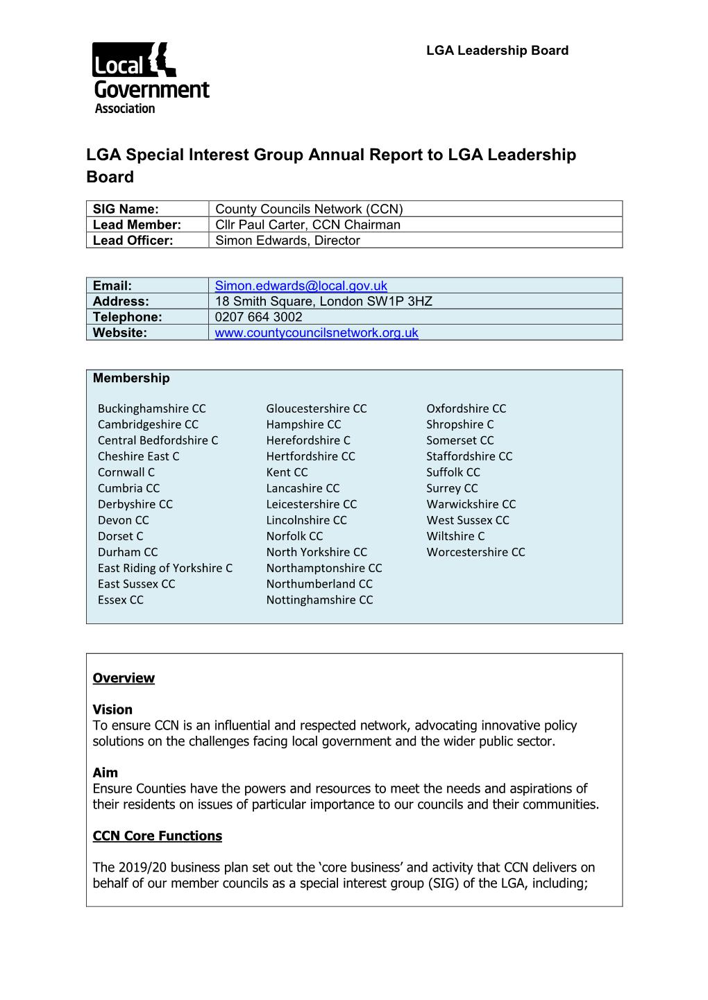 LGA Special Interest Group Annual Report to LGA Leadership Board