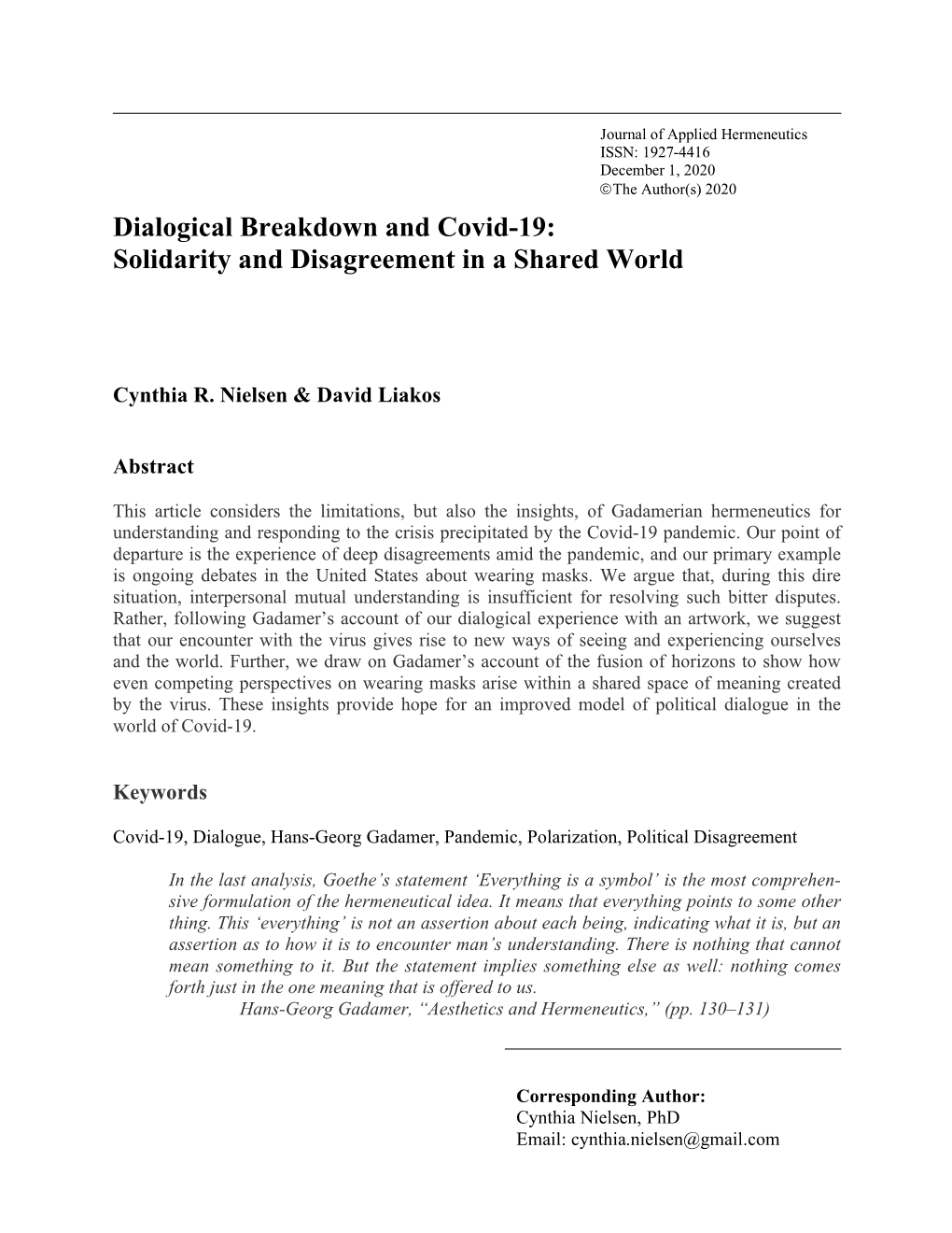 Dialogical Breakdown and Covid-19: Solidarity and Disagreement in a Shared World