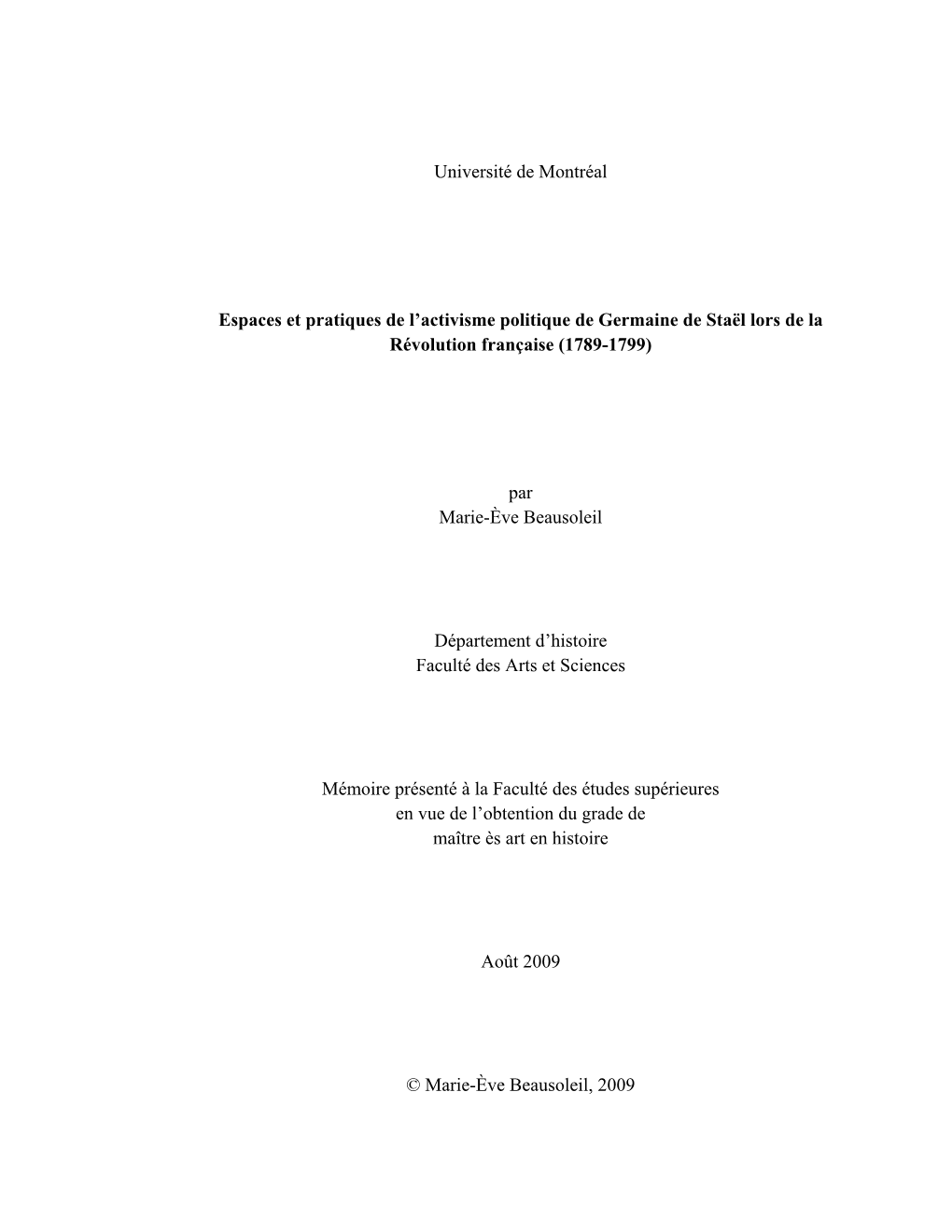 Université De Montréal Espaces Et Pratiques De L'activisme Politique De Germaine De Staël Lors De La Révolution Française