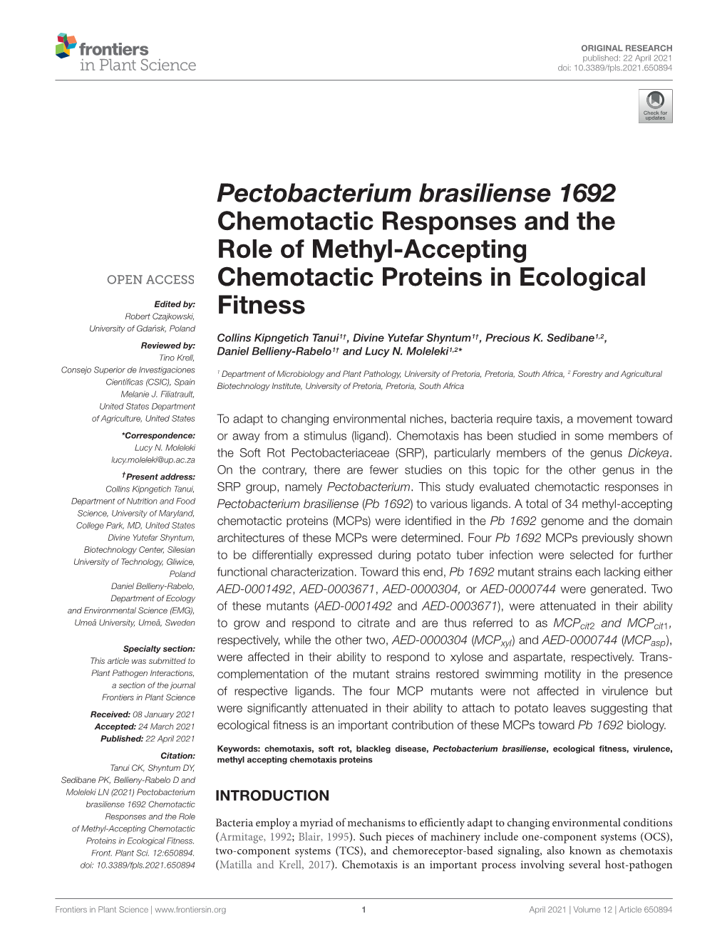 Pectobacterium Brasiliense 1692 Chemotactic Responses and the Role of Methyl-Accepting Chemotactic Proteins in Ecological Fitnes