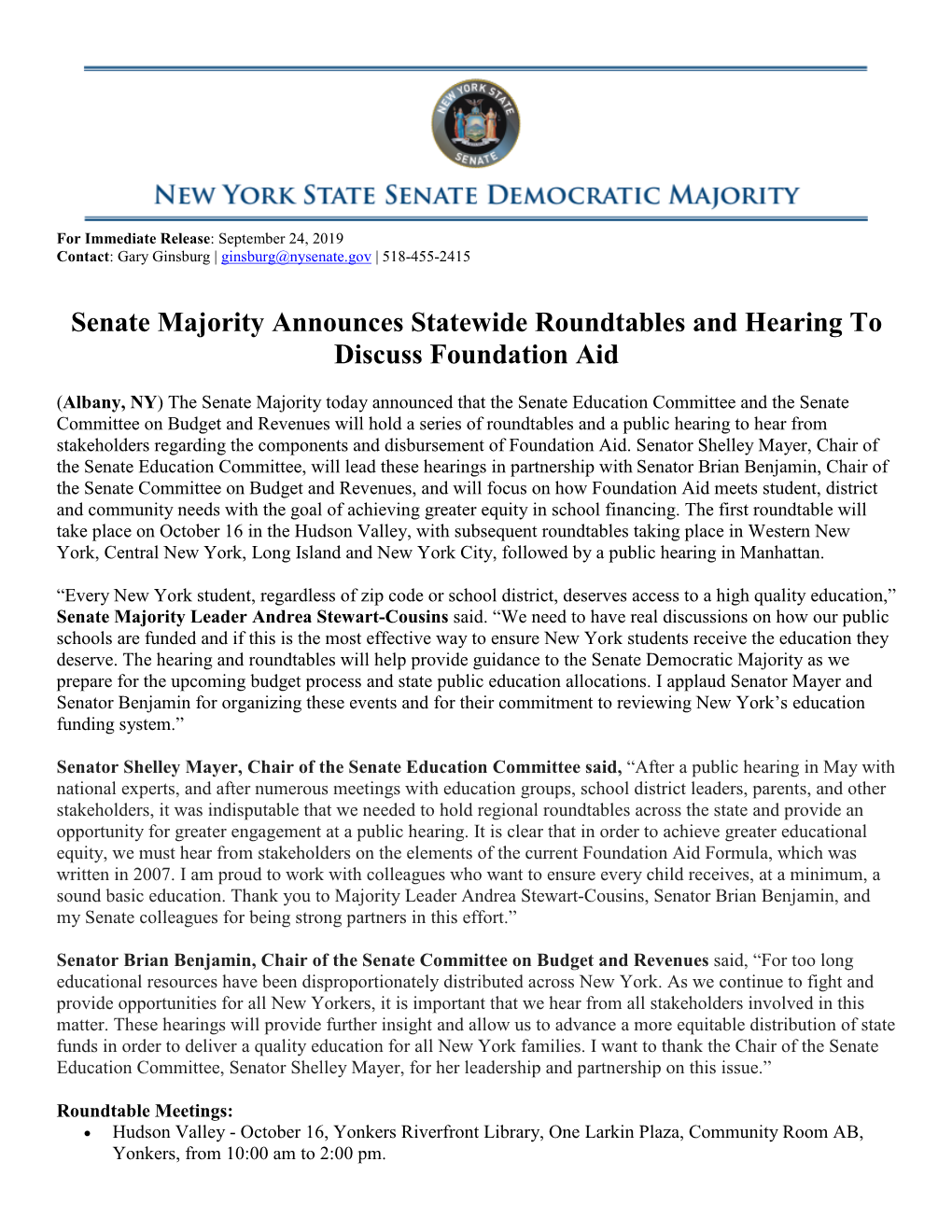 Senate Majority Announces Statewide Roundtables and Hearing to Discuss Foundation Aid