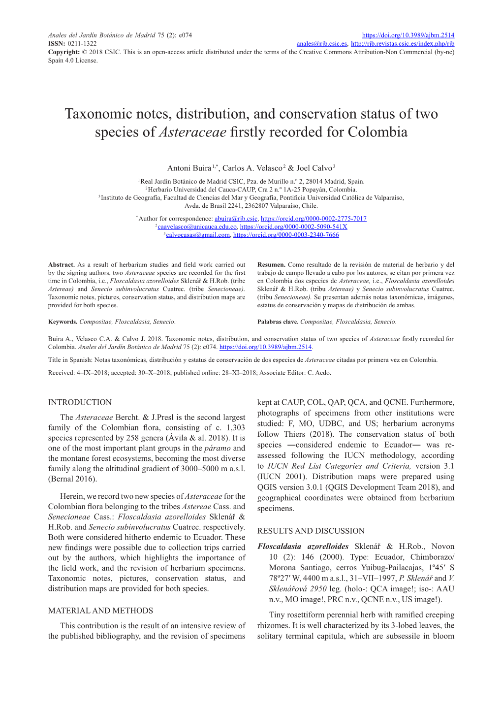 Taxonomic Notes, Distribution, and Conservation Status of Two Species of Asteraceae Firstly Recorded for Colombia