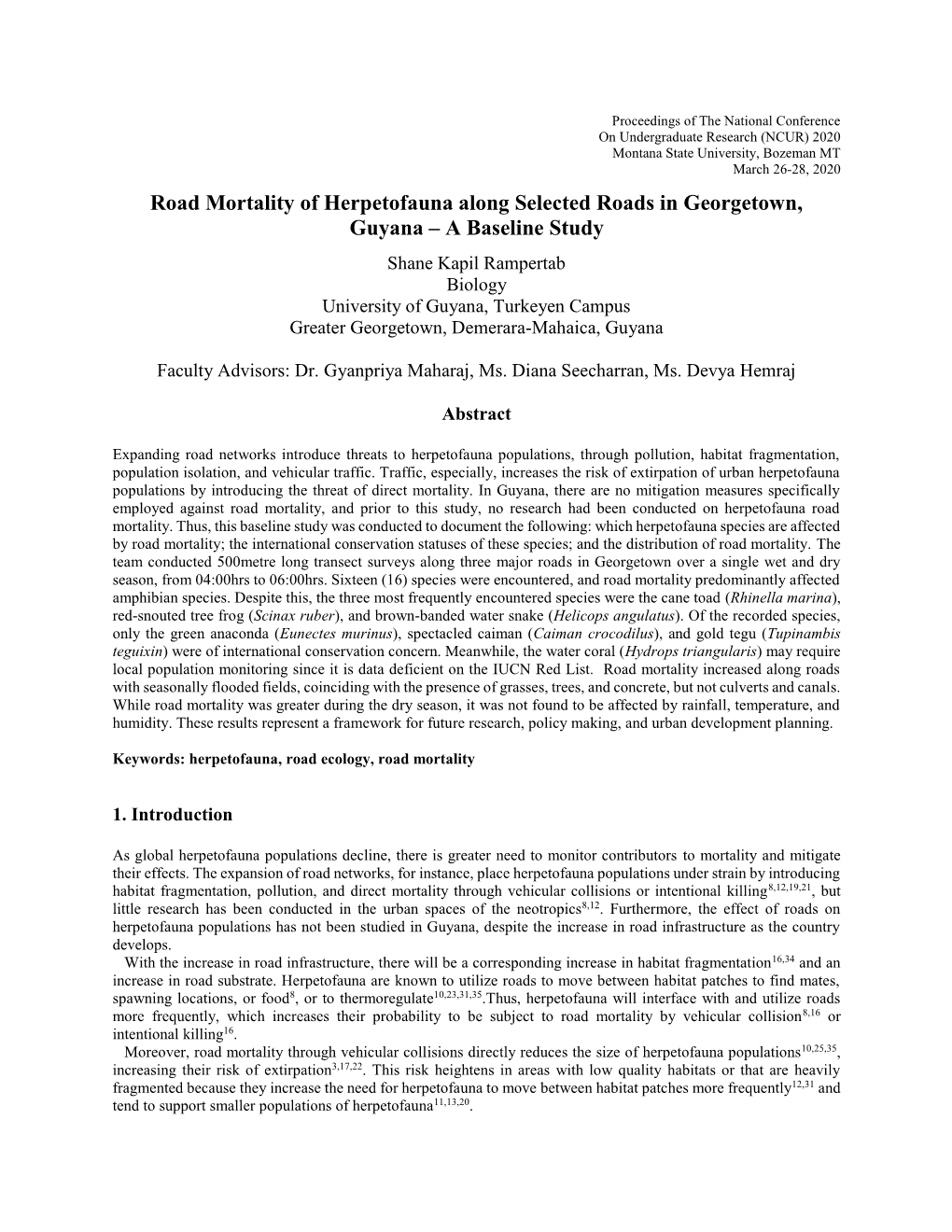 Road Mortality of Herpetofauna Along Selected Roads In