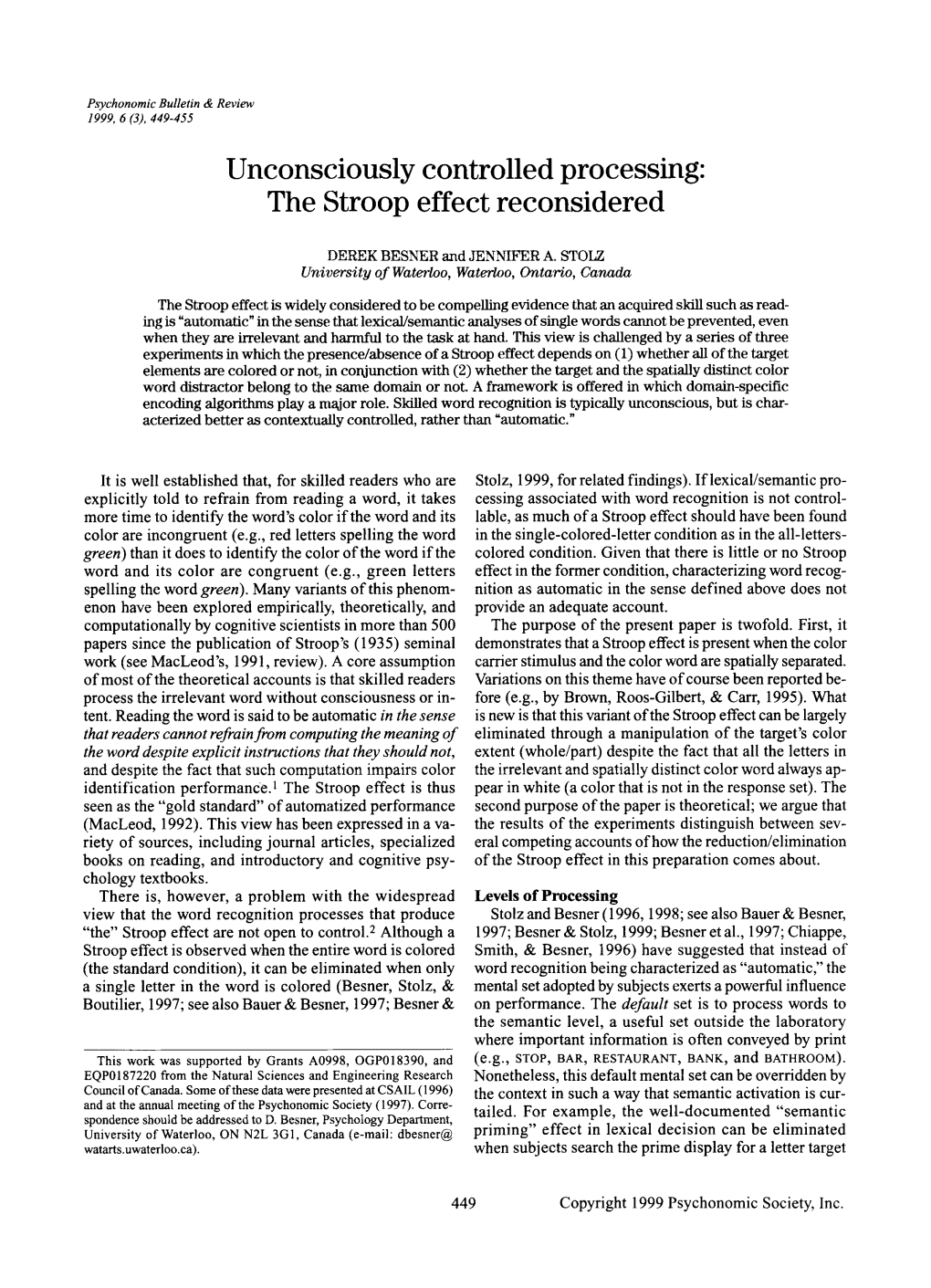 Unconsciously Controlled Processing: the Stroop Effect Reconsidered
