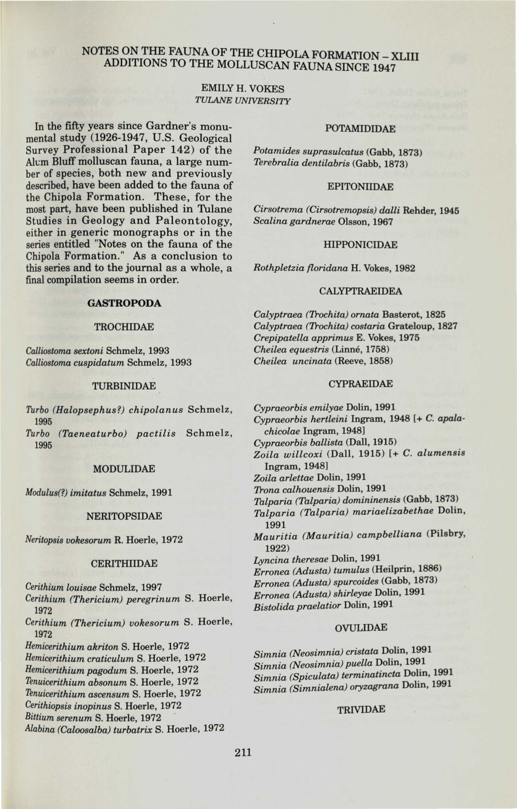 Notes on the Fauna of the Chipola Formation - Xliii Additions to the Molluscan Fauna Since 1947