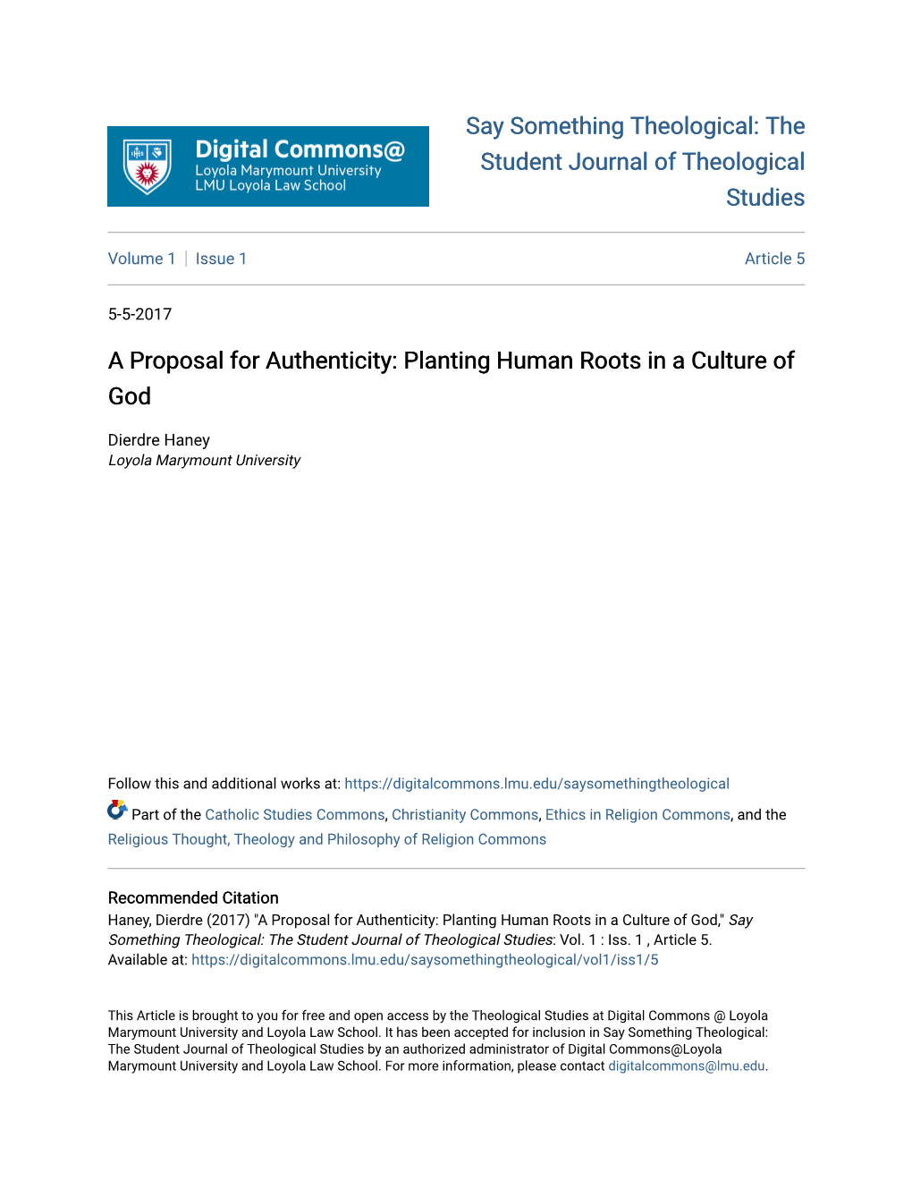 A Proposal for Authenticity: Planting Human Roots in a Culture of God