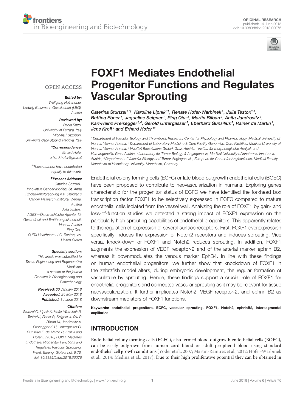 FOXF1 Mediates Endothelial Progenitor Functions And