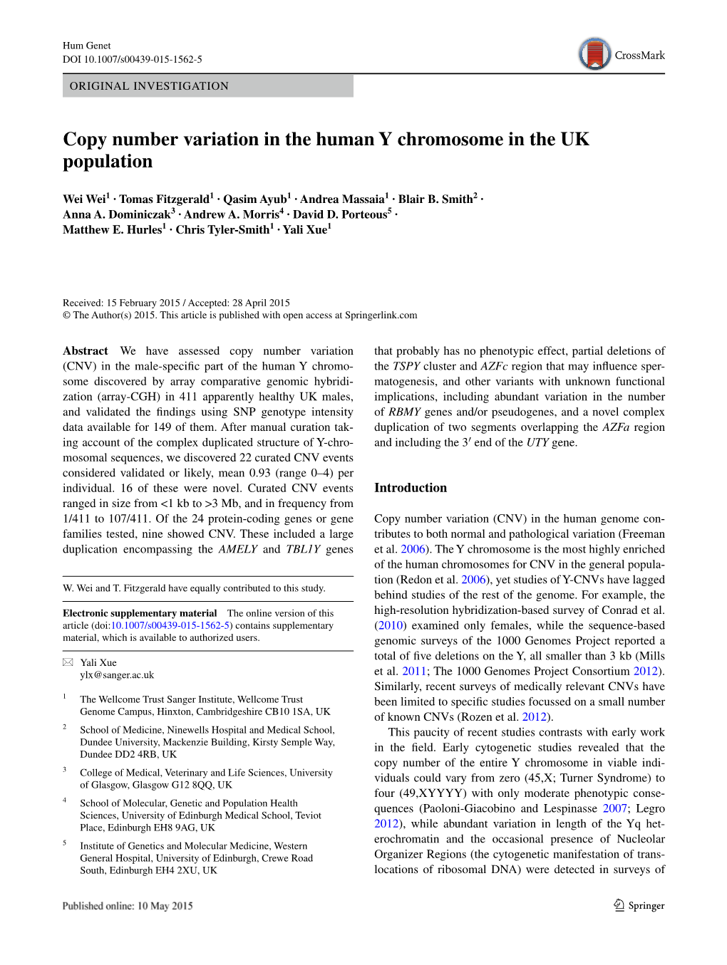 Copy Number Variation in the Human Y Chromosome in the UK Population