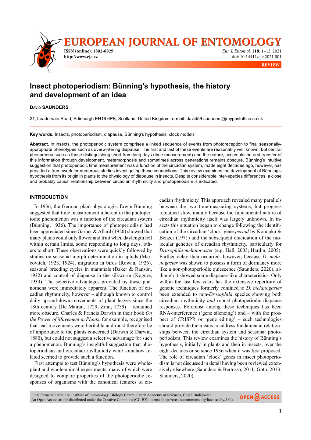 Insect Photoperiodism: Bünning’S Hypothesis, the History and Development of an Idea