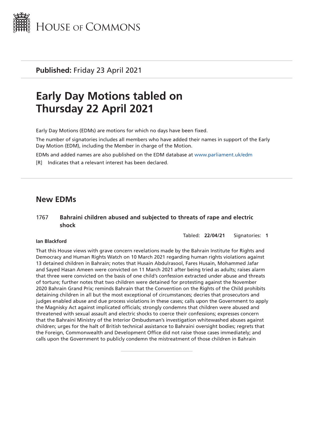 View Early Day Motions PDF File 0.12 MB