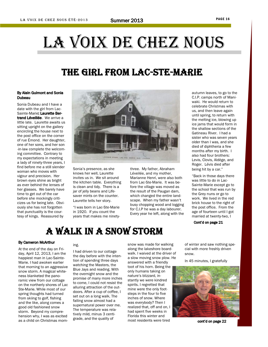 LA VOIX DE CHEZ NOUS ÉTÉ - 2 01 3 Summer 2013 PAGE 16 La Voix De Chez Nous