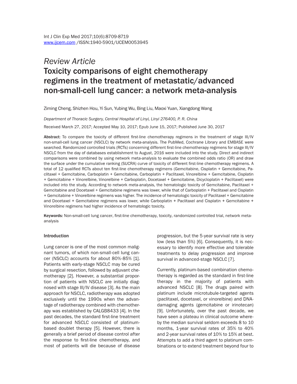 Review Article Toxicity Comparisons of Eight Chemotherapy Regimens in the Treatment of Metastatic/Advanced Non-Small-Cell Lung Cancer: a Network Meta-Analysis